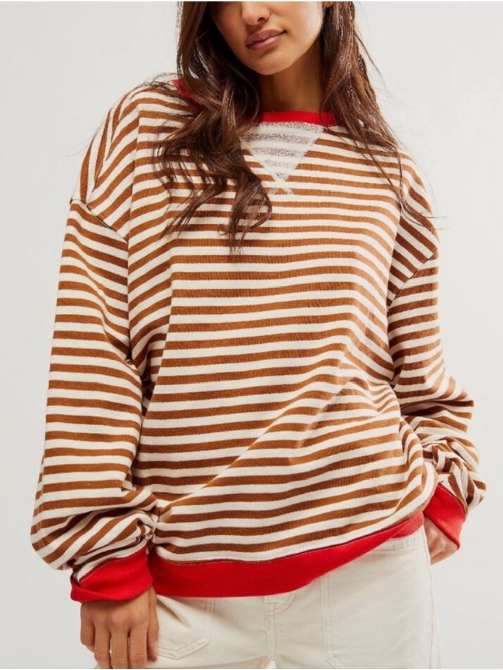 Free People Brown and White Striped Crewneck Sweater with Red Trim